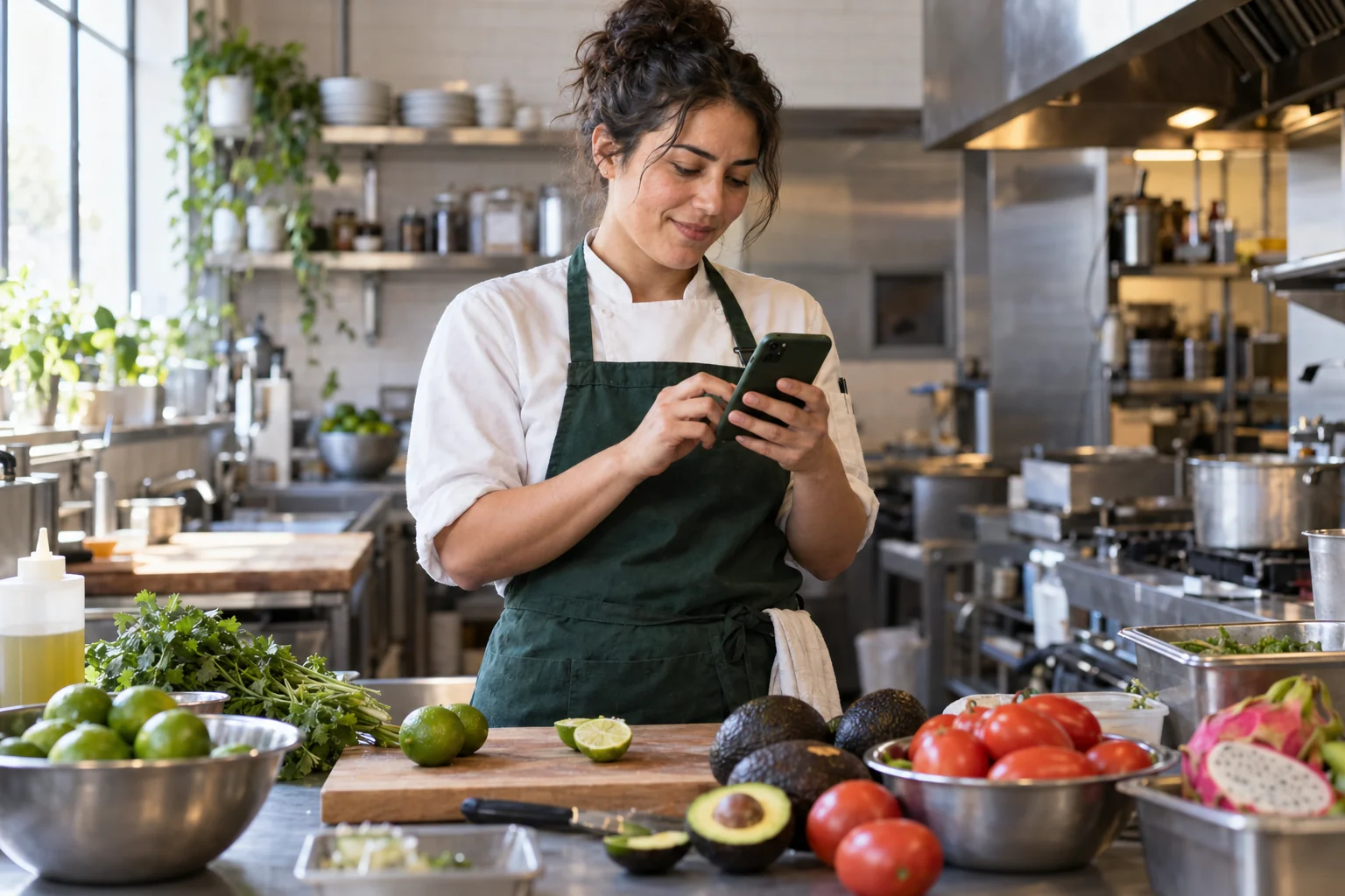 Chef using a smartphone in a restaurant kitchen with fresh produce on the counter